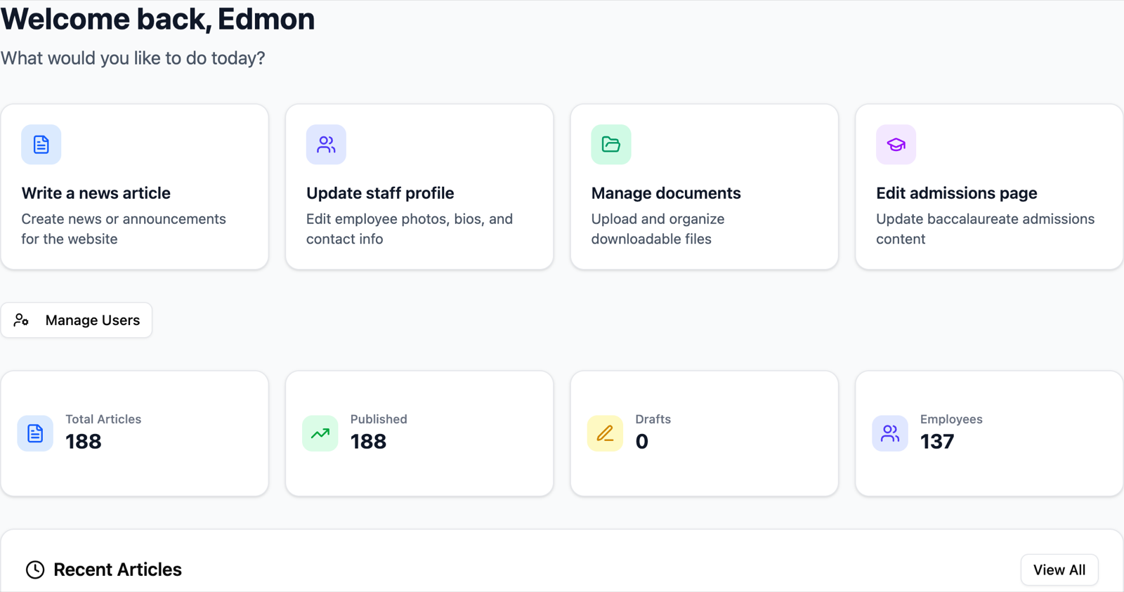 Admin dashboard with task cards for news, staff, documents, and admissions