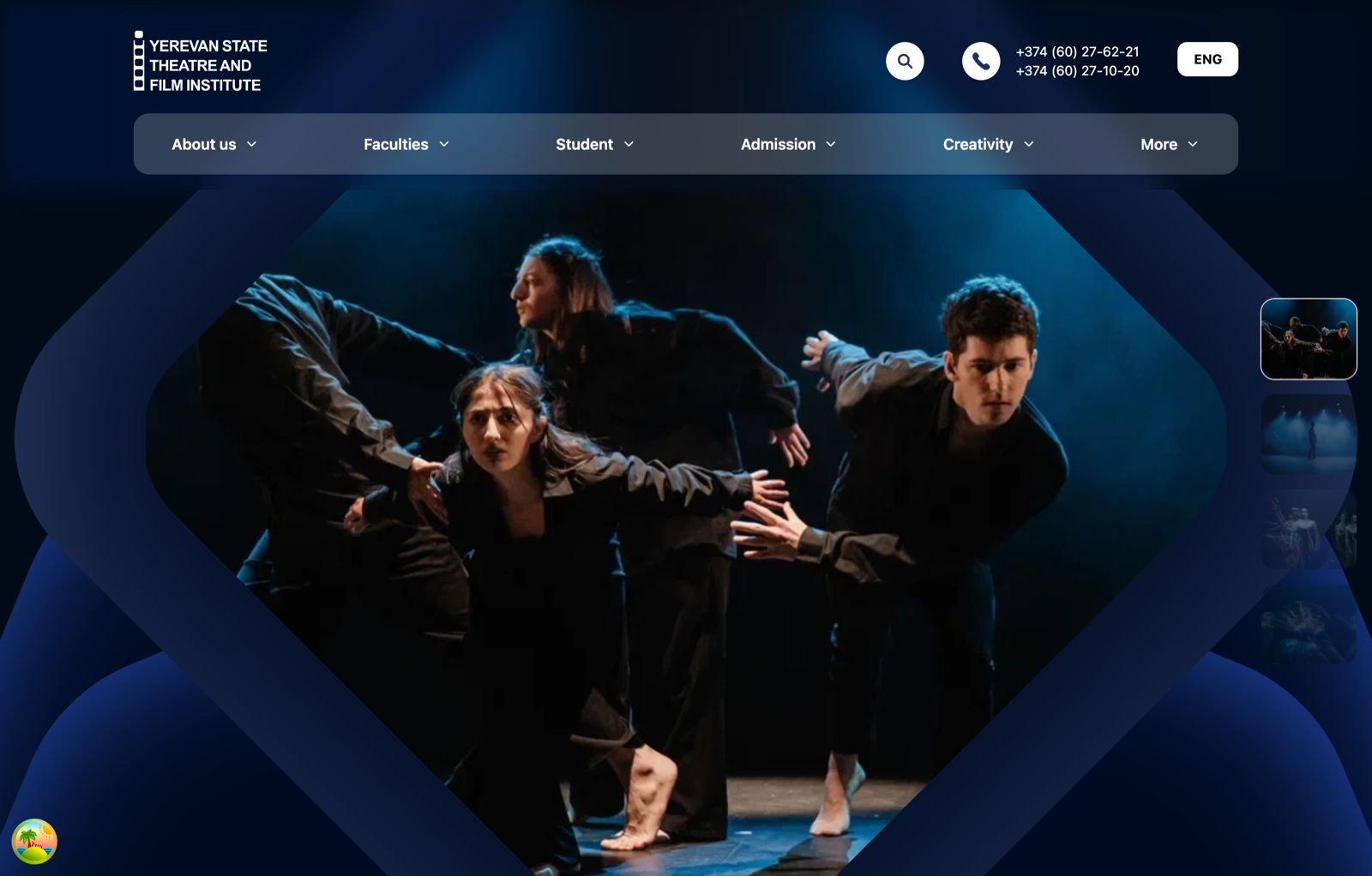 YSTFI English homepage with a diamond-framed stage photograph and ENG language toggle