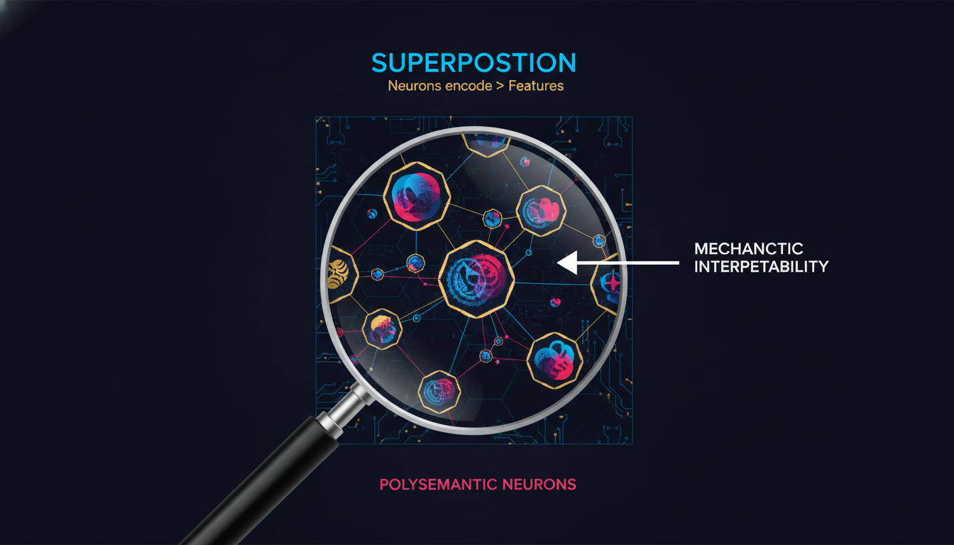 Mechanistic interpretability - magnifying glass peering into neural network layers showing polysemantic neurons and superposition